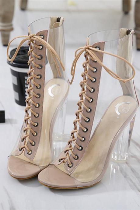 Lace-up Front Sandals With Clear Chunky Heels
