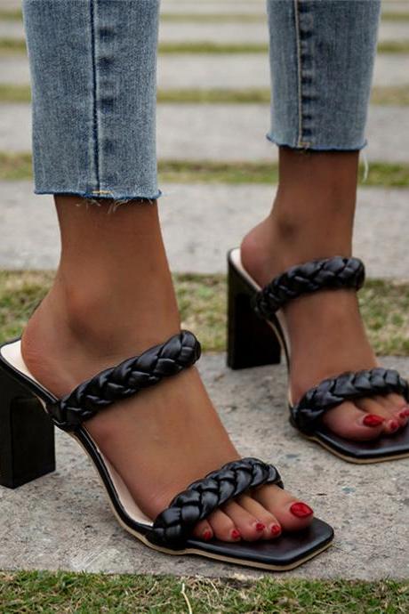 Braided Design Two Part Chunky Heeled Black Sandals