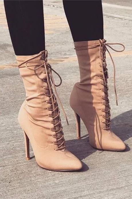 Lace-up Front Stiletto Heeled Ankle Boots