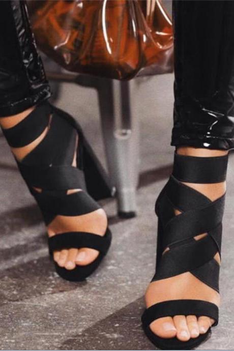 Cross Strap Chunky Heeled Black Sandals
