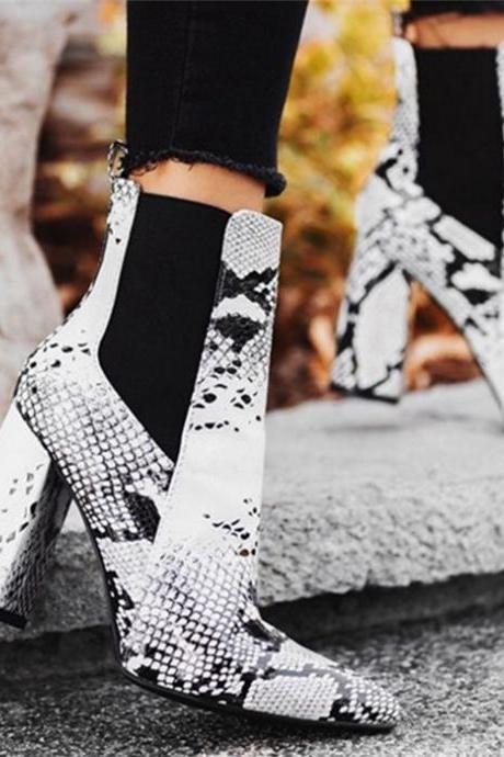 Snakeskin Print Chunky Heeled Boots Women Shoes