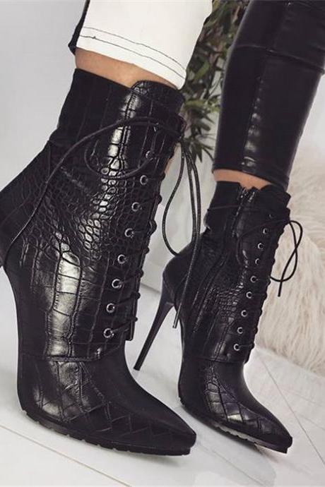 Faux Crocdile Leather Stiletto Heeled Ankle Boots