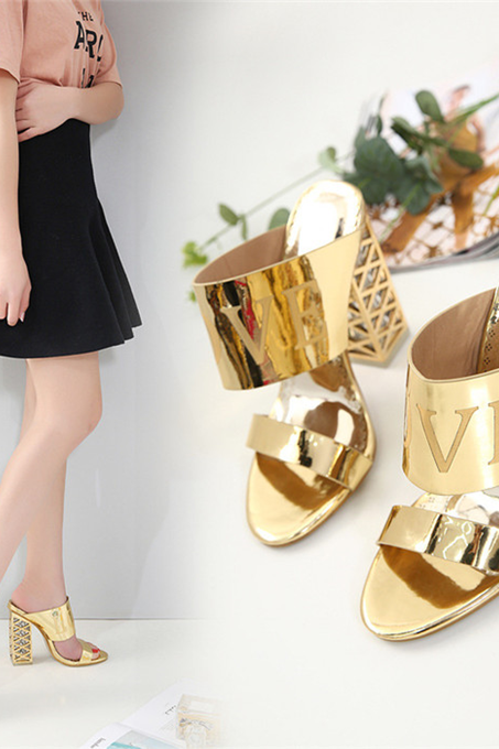 Chunky Heeled Metallic Two Part Mule Sandals