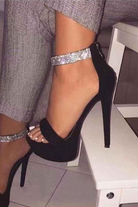 Silver Ankle Strap Black Platform Sandals