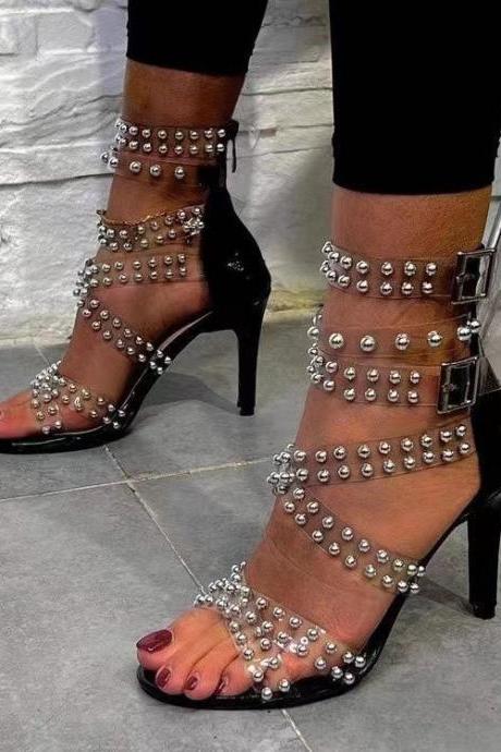 Faux Pearls Decor Strappy Sandals Heels