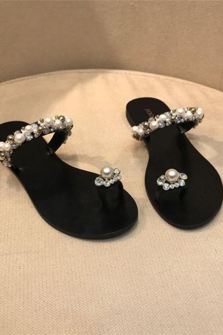 Pearls Decor Black Women Sandals