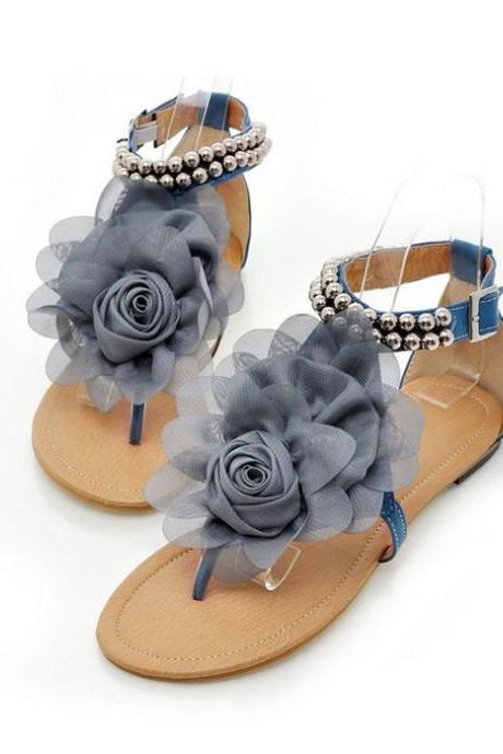 Flowers Details Ankle Staps Flat Sandals