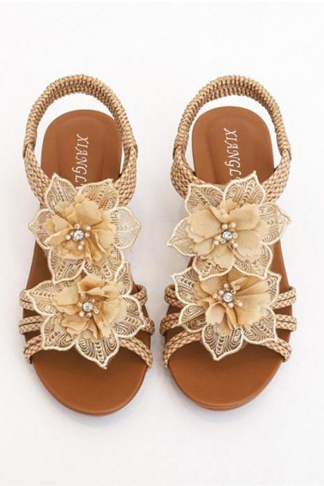 Lace Flowers Decor Wedge Sandals Womens