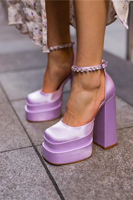 Rhinestones Decor Lavender Prom Dress Platform Heels