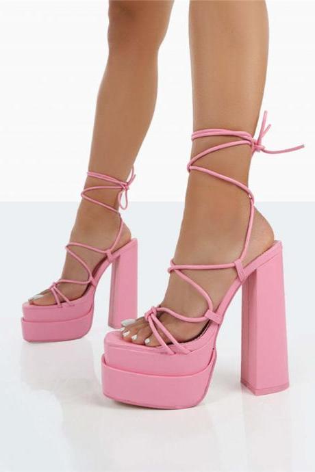 Pink Prom Shoes Tie Leg Platform Sandals