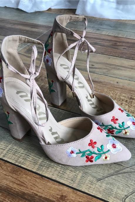 Tie Ankle Strap Embroidered Sandals