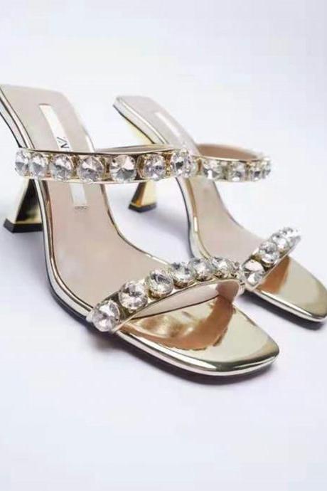 Crystals Decor Gold Sandals Heels