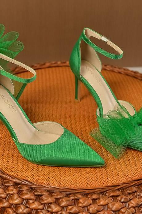 Bow Decor Ankle Staps Green Prom Shoes Women