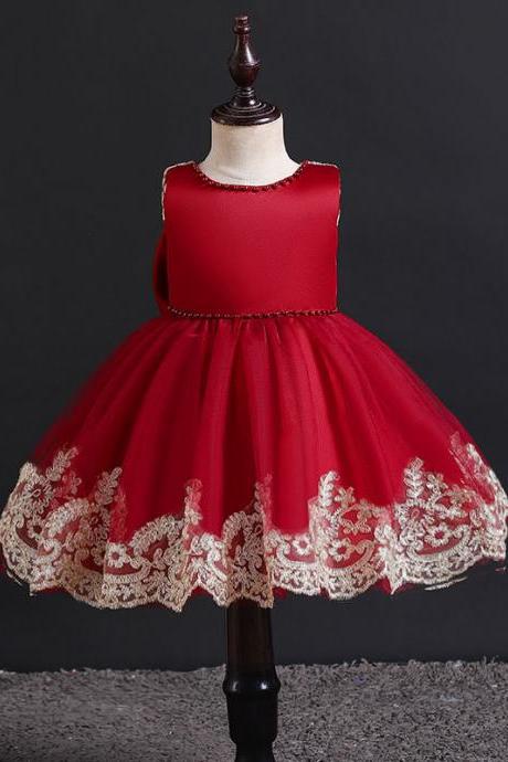 Red Girl Dress with Appliques Trim