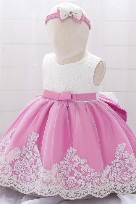 White And Pink Toddler Girl Dress With Headpiece