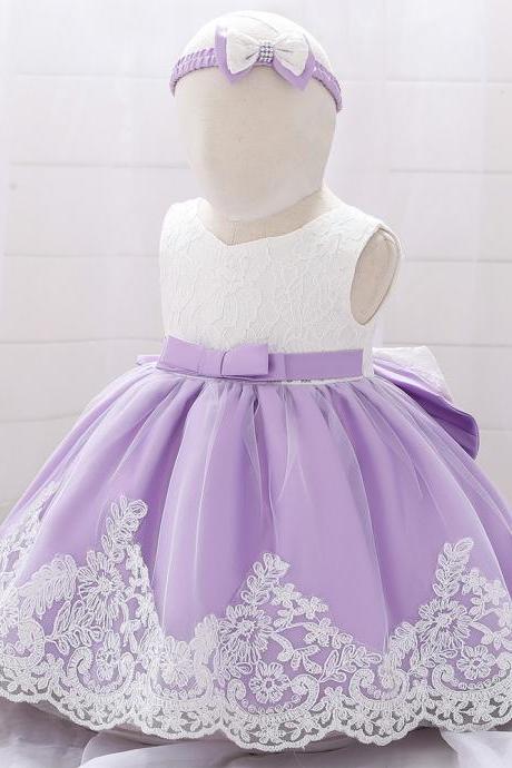 White And Lavender Toddler Girl Dress With Headpiece