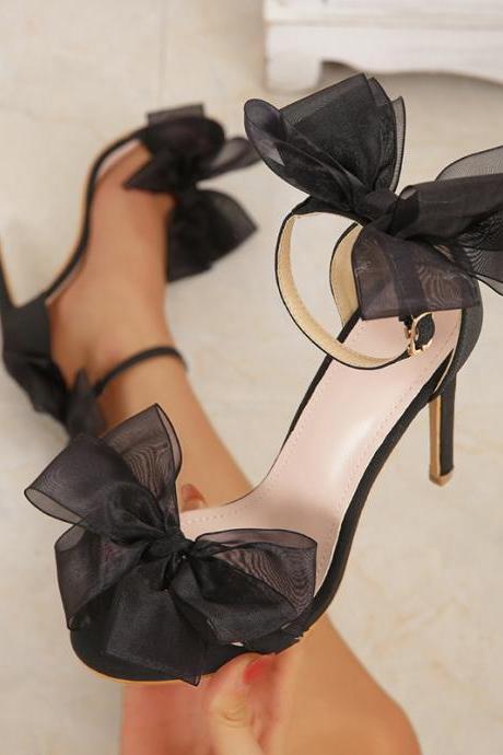 Rhinestones & Bow Decor Black Sandals
