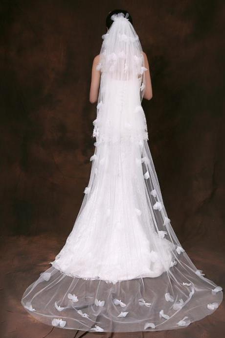 Floor Length Long Bridal Veil with Petals Decor