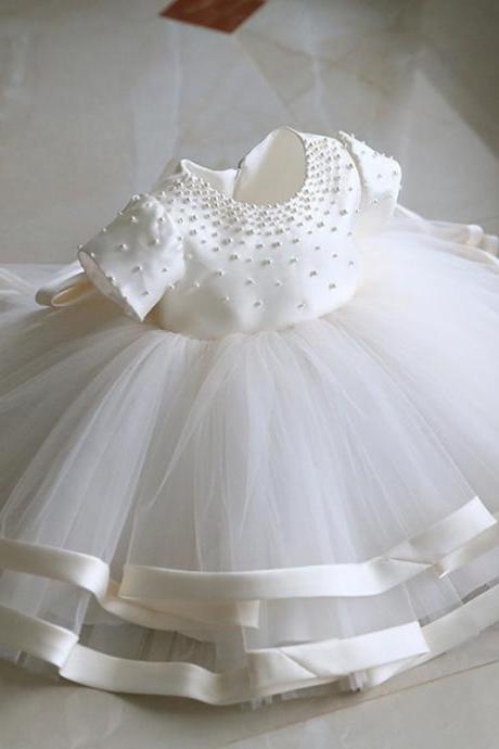 Pearl Decor Short Sleeves Ivory Flower Girl Dress