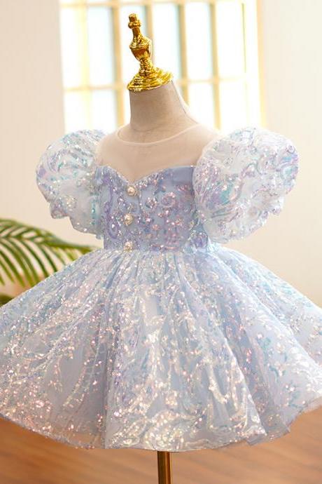 Puffed Sleeves Sparkle Blue Girl Dress