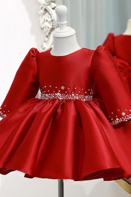 Beads Decor Red Satin Girl Dress