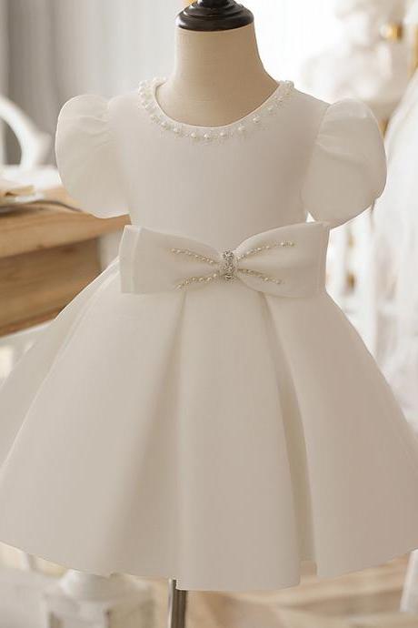Pearls And Bow Decor Ivory Flower Girl Dress