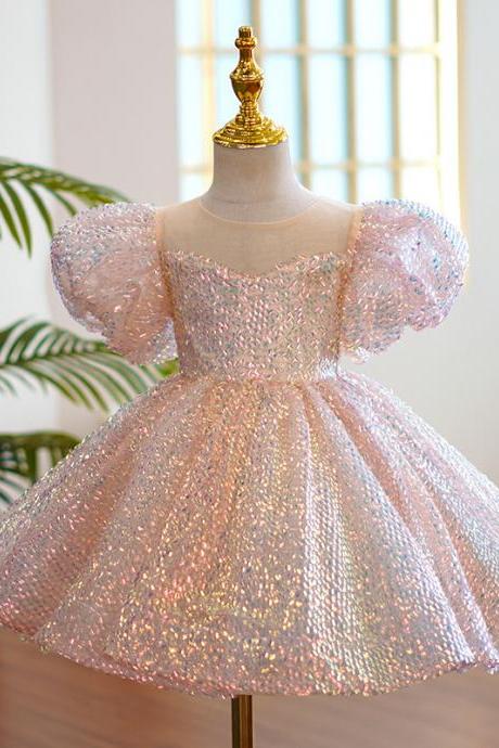Puffed Sleeves Sparkle Girl Dress