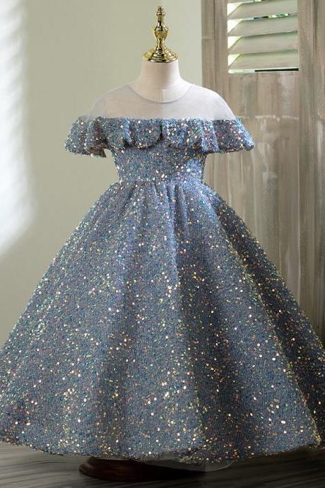 Sheer Neck Sequin Sparkle Girl Dress