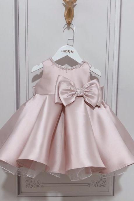 Pearls Decor Girl Pageant Dress With Bow