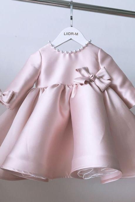 Long Sleeves Satin Girl Pageant Dress With Bow