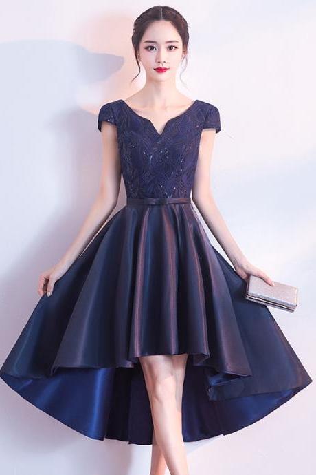 Dark Blue Cap Sleeved High Low Homecoming Party Dress