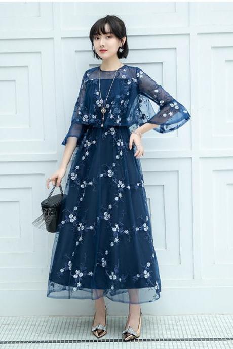 Blue Floral Embroidery Dress