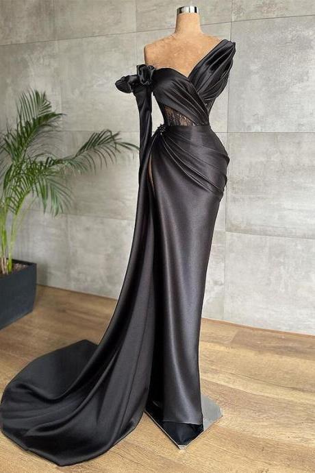 Black Satin Prom Dress Pleated Evening Gowns Dubai Party Dress