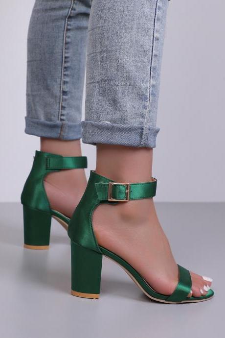 Chunky Heeled Ankle Strap Green Sandals Women Shoes