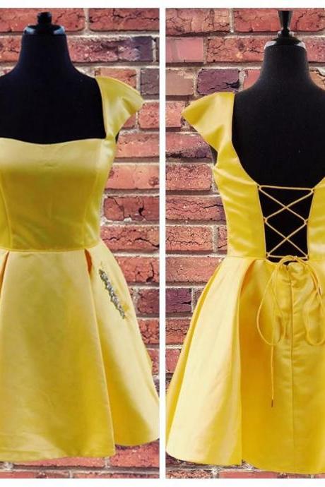 Cap Sleeved Lace-up Back Short Yellow Hoco Party Dress With Pockets