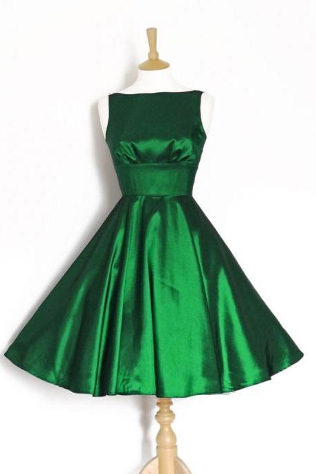 Bateau Neckline Green Taffeta Vintage Short Party Dress with Zipper V Back