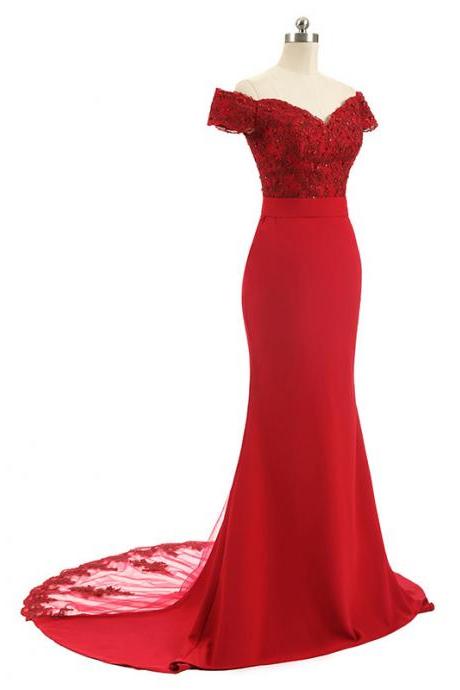 Off The Shoulder Fitted Red Evening Gowns Long Formal Dress