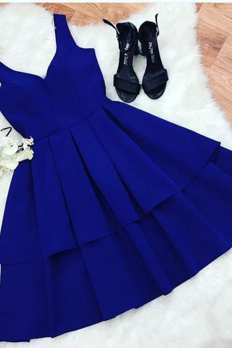 A-line Dark Blue Short Party Dress With Double Tiered Skirt
