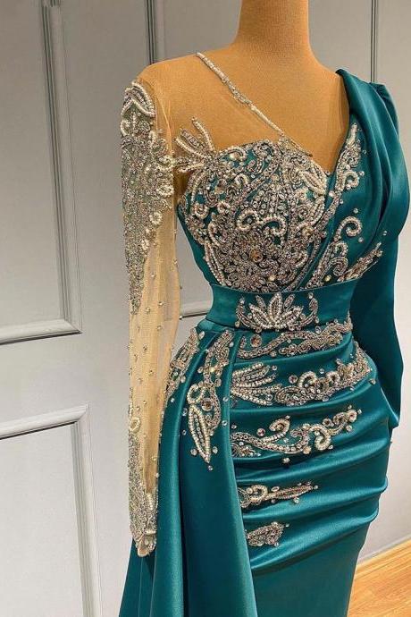 V Neck Long Sleeves Evening Gown Prom Dress With Beads