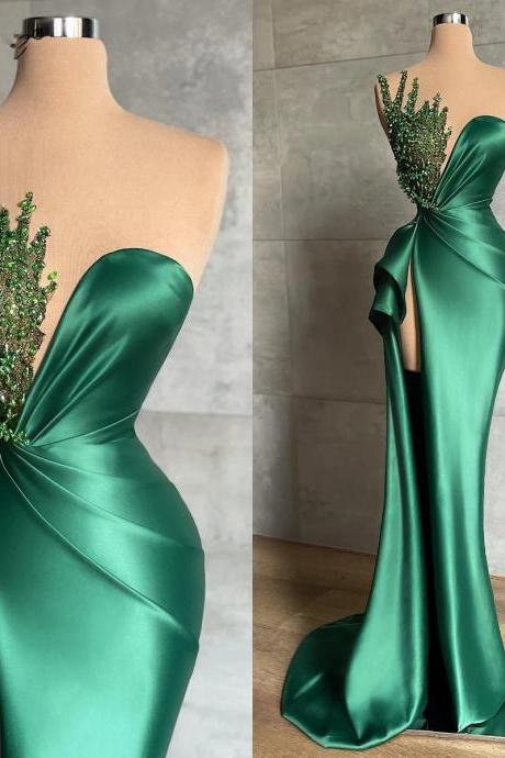 Sheer Neck Green Pageant Dresses Long Evening Gowns With Slit