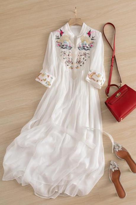 Embroidery White Chiffon Long Dress