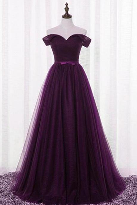 Off the Shoulder Dark Purple Long Tulle Evening Gown Lace up Back Formal Dress 