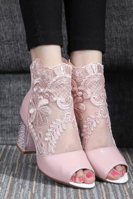 Nude Pink Peep Toe Lace Patchwork Chunky Heels Sandals