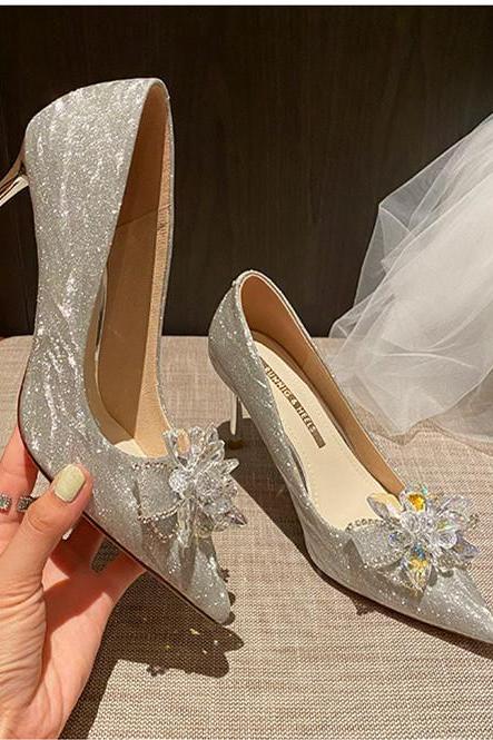 Silver Point Toe Stiletto Heels Women Shoes Formal Occasion