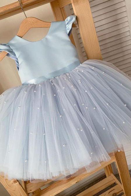 Blue Girl Dress With Faux Pearls