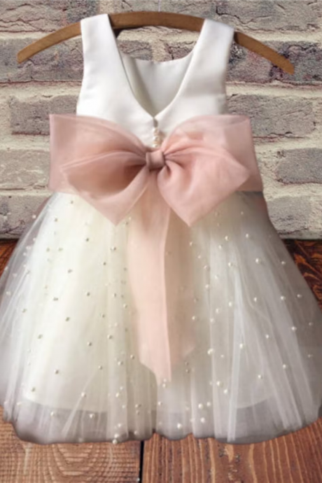 Faux Pearls Decor Sleeveless Girl Dress With Bow Sash