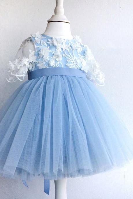 Short Sleeves Blue Girl Dress With White Lace Motif