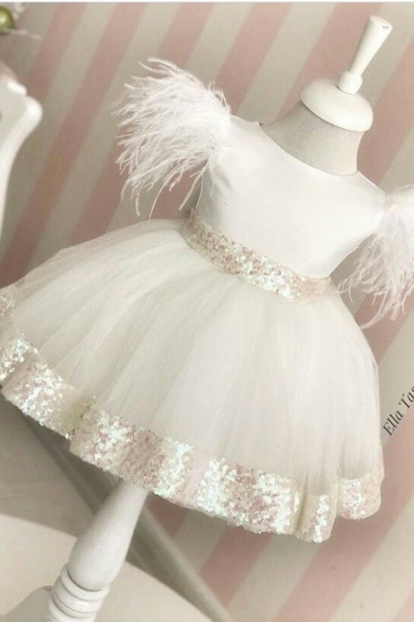 Ivory Flower Girl Dress With Feather Decor