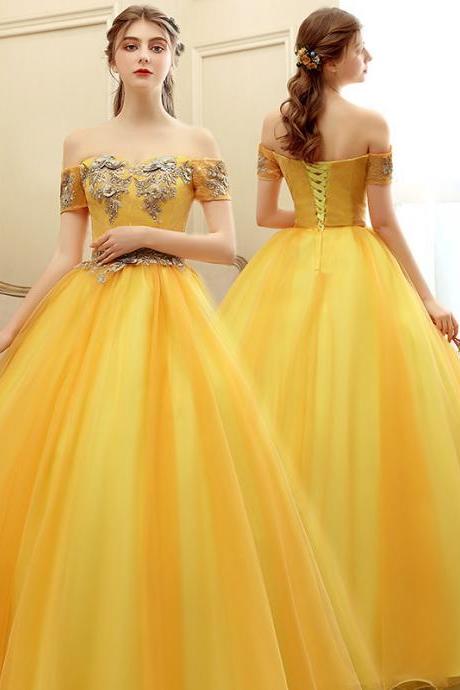 Off Shoulder Yellow Ball Gown Evening Dresses Women