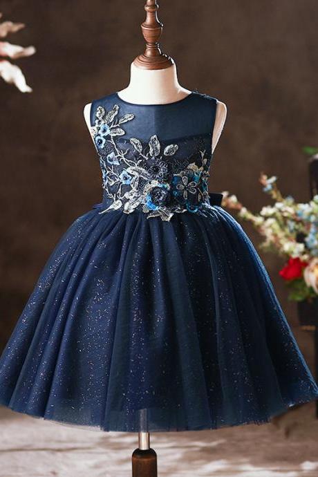 Navy Girl Dress With Embroidery Details